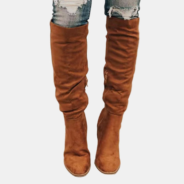 Damen Overknee-Stiefeletten mit Blockabsatz und Reißverschluss - Braun