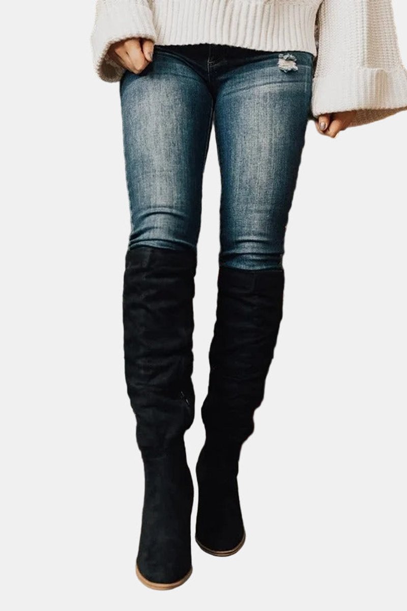 Damen Overknee-Stiefeletten mit Blockabsatz und Reißverschluss