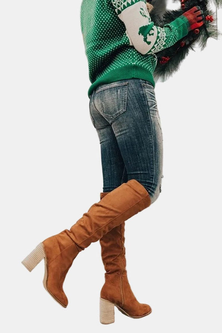 Damen Overknee-Stiefeletten mit Blockabsatz und Reißverschluss