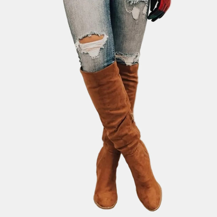 Damen Overknee-Stiefeletten mit Blockabsatz und Reißverschluss