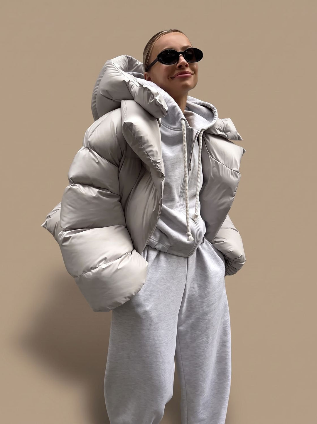 Damen Oversize Daunenjacke mit Stehkragen Warm Gesteppt - Grau