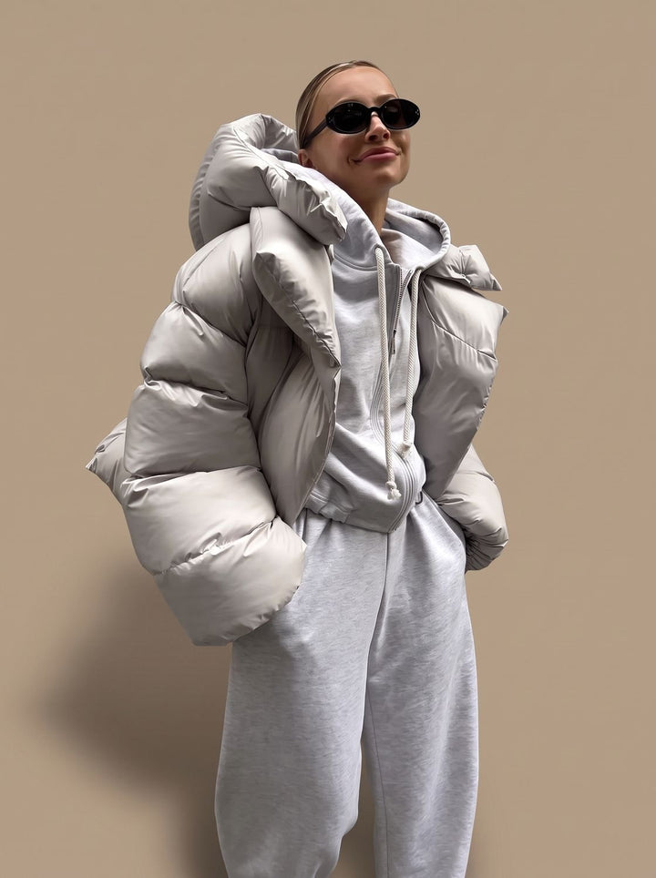 Damen Oversize Daunenjacke mit Stehkragen Warm Gesteppt - Grau