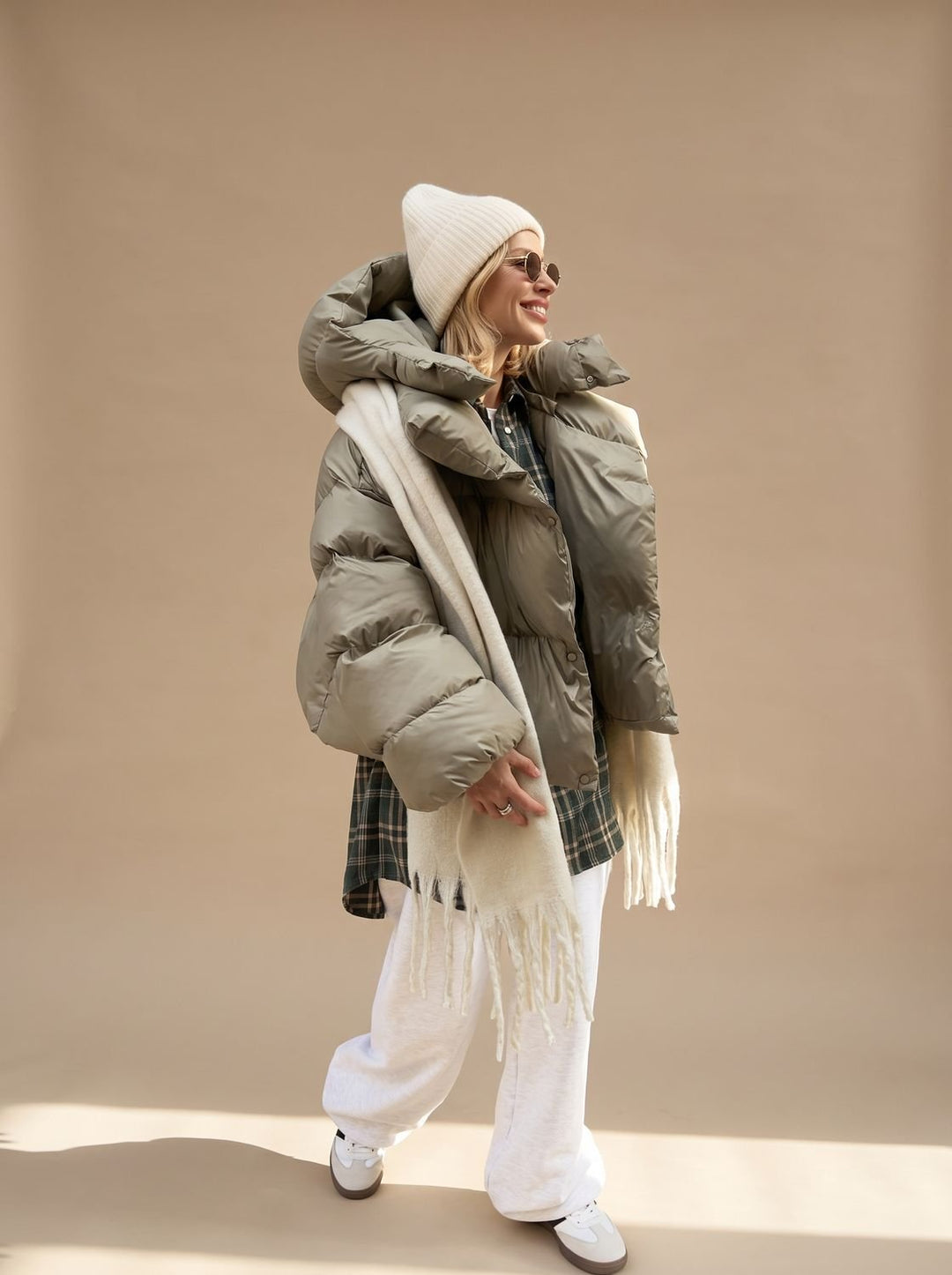 Damen Oversize Daunenjacke mit Stehkragen Warm Gesteppt - Grün