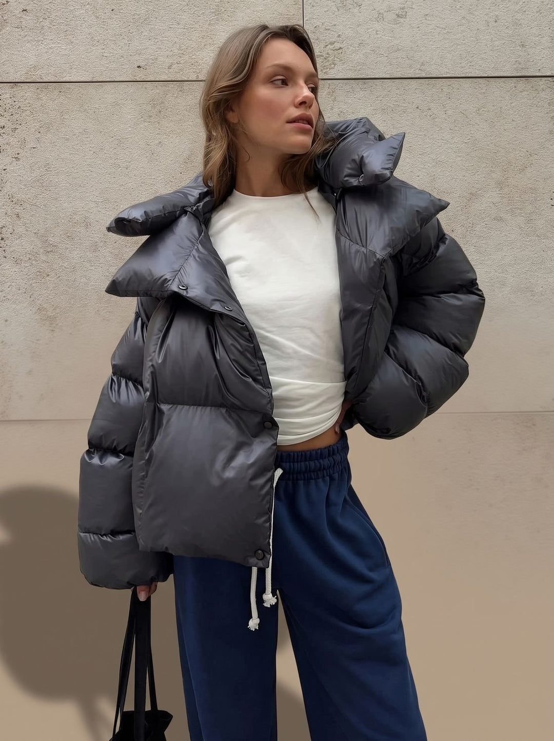Damen Oversize Daunenjacke mit Stehkragen Warm Gesteppt - Schwarz