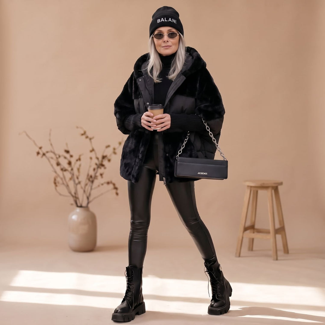 Damen Oversize Fellmantel Kuschelig Warm mit Kapuze - Schwarz