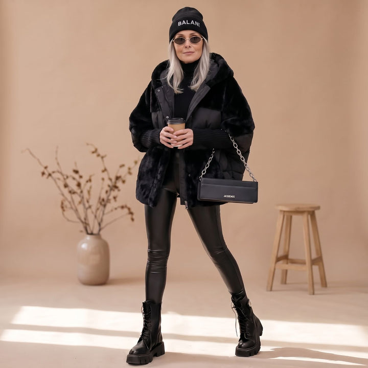 Damen Oversize Fellmantel Kuschelig Warm mit Kapuze - Schwarz
