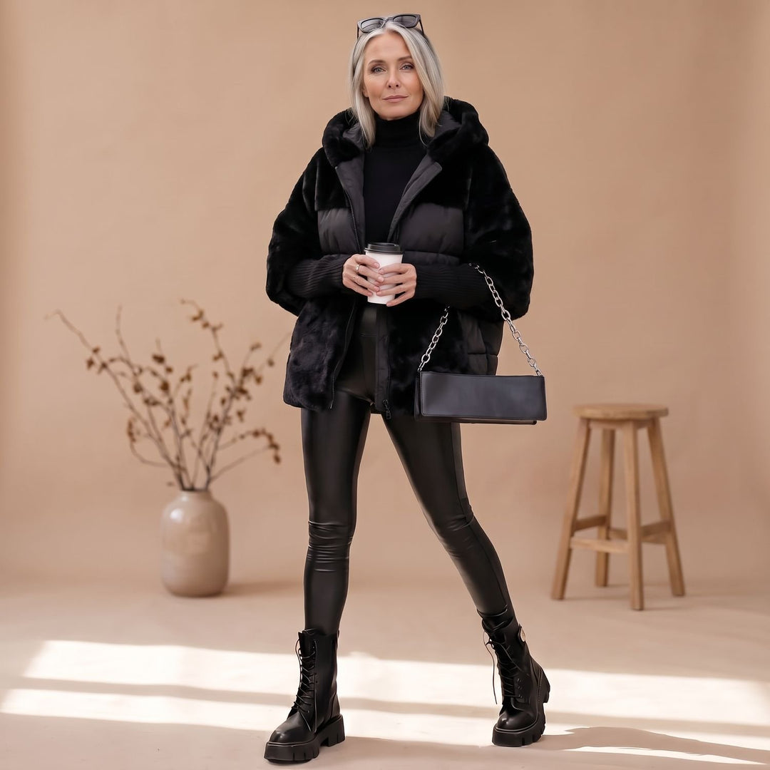 Damen Oversize Fellmantel Kuschelig Warm mit Kapuze