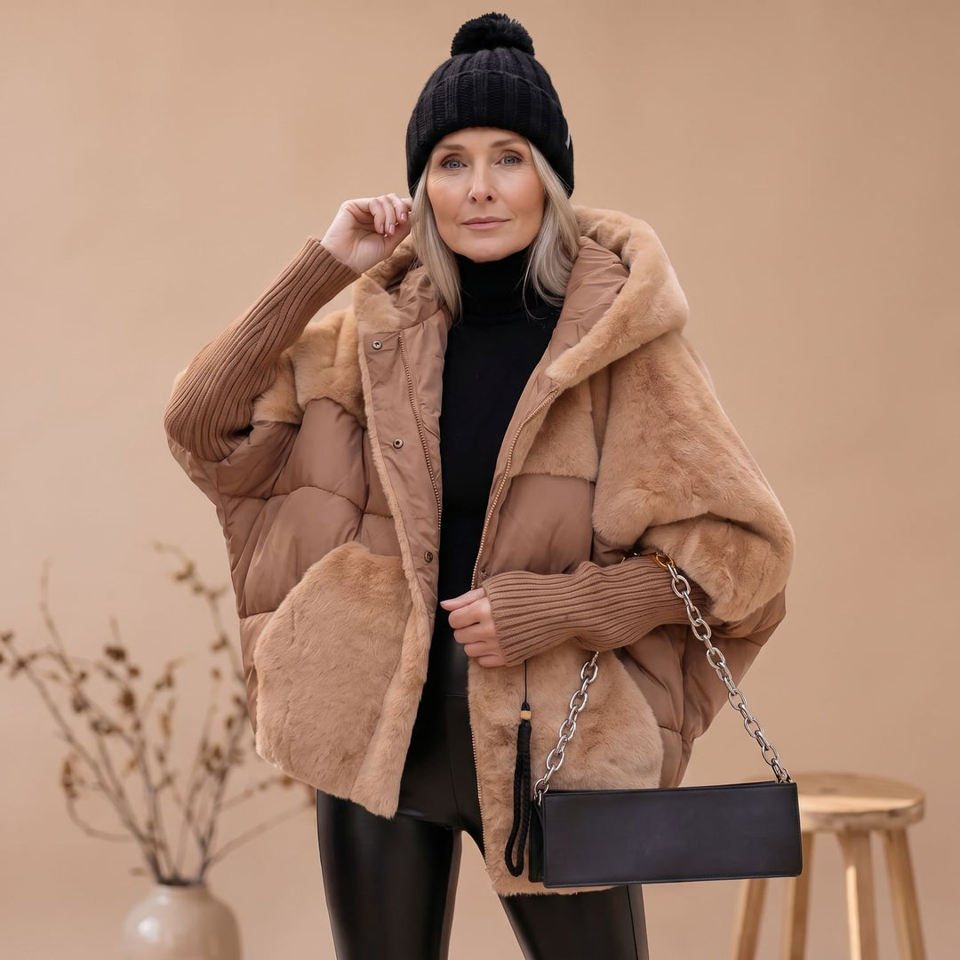 Damen Oversize Fellmantel Kuschelig Warm mit Kapuze - Hellbraun