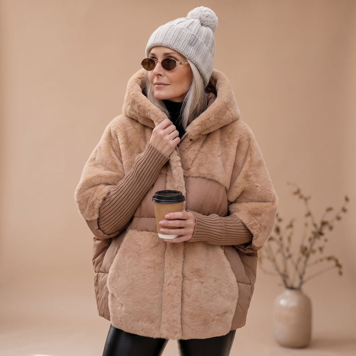 Damen Oversize Fellmantel Kuschelig Warm mit Kapuze - Beige