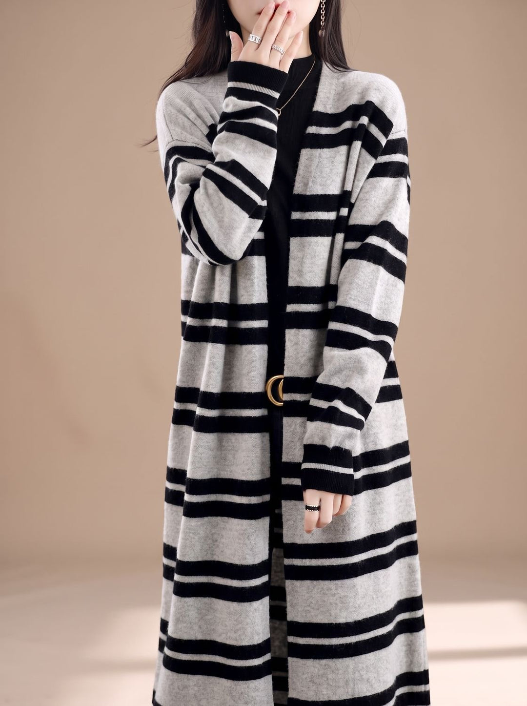 Damen Oversize Gestreifter Langer Strickjacken-Cardigan mit offener Front