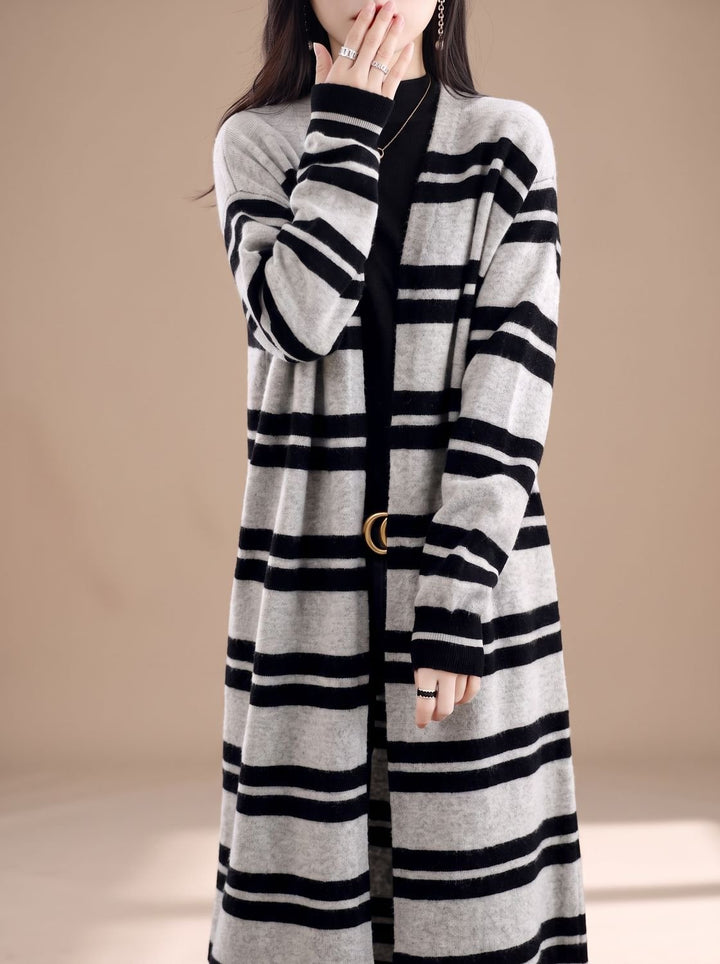 Damen Oversize Gestreifter Langer Strickjacken-Cardigan mit offener Front