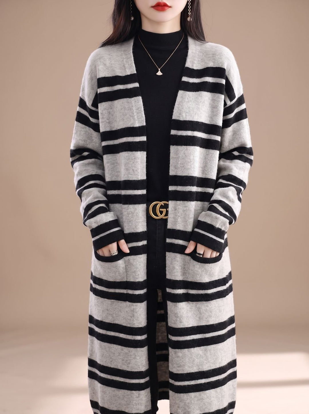 Damen Oversize Gestreifter Langer Strickjacken-Cardigan mit offener Front - Schwarz-Grau