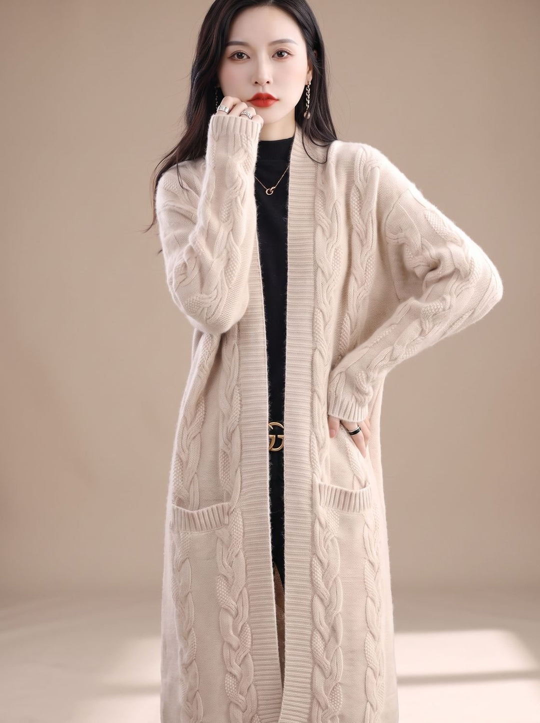 Damen Oversize Gestreifter Langer Strickjacken-Cardigan mit offener Front - Beige