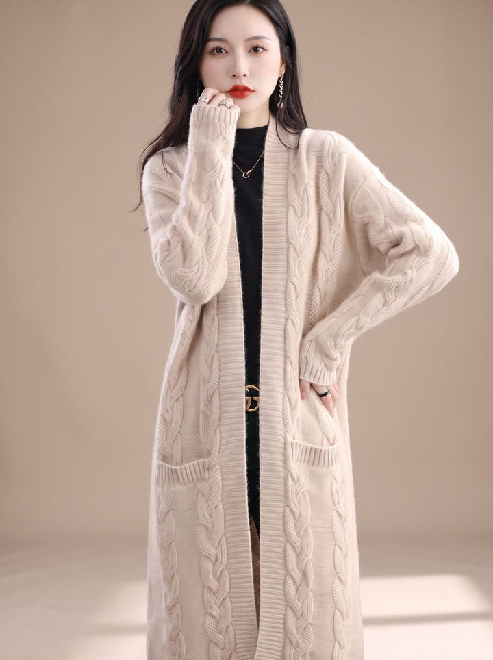 Damen Oversize Gestreifter Langer Strickjacken-Cardigan mit offener Front - Beige