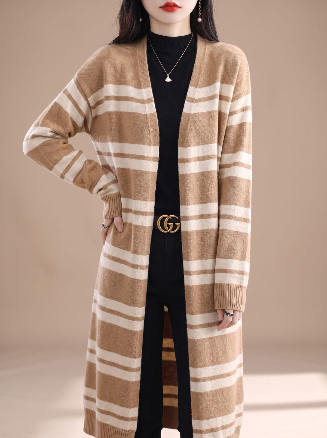 Damen Oversize Gestreifter Langer Strickjacken-Cardigan mit offener Front - Beige-Kamel