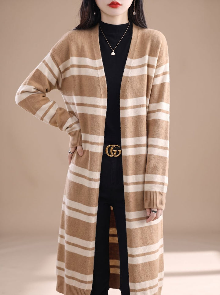 Damen Oversize Gestreifter Langer Strickjacken-Cardigan mit offener Front - Beige-Kamel