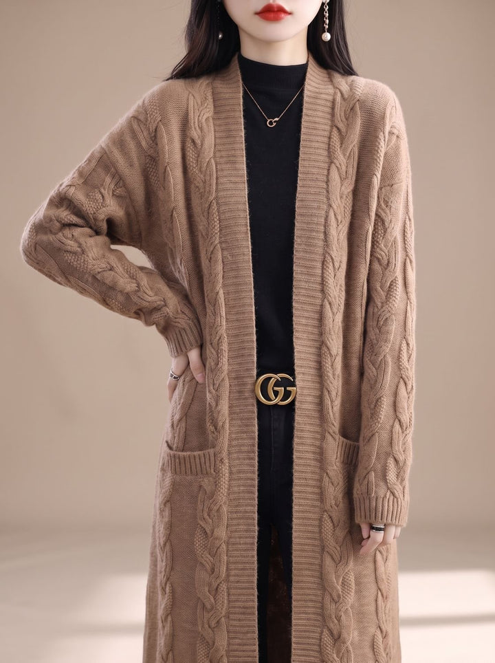 Damen Oversize Gestreifter Langer Strickjacken-Cardigan mit offener Front - Kamelbraun
