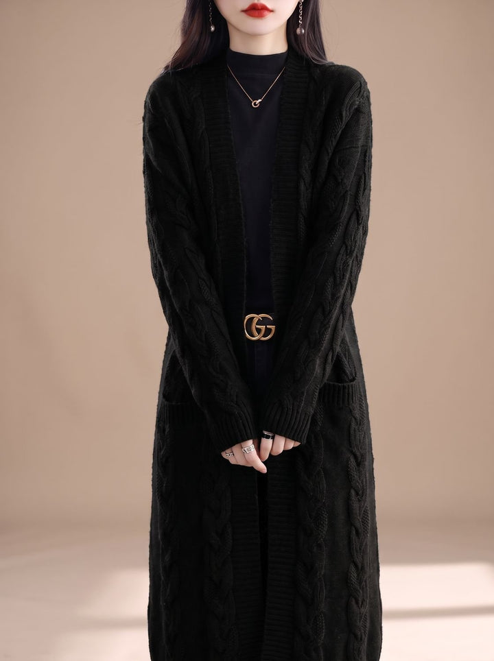 Damen Oversize Gestreifter Langer Strickjacken-Cardigan mit offener Front - Schwarz