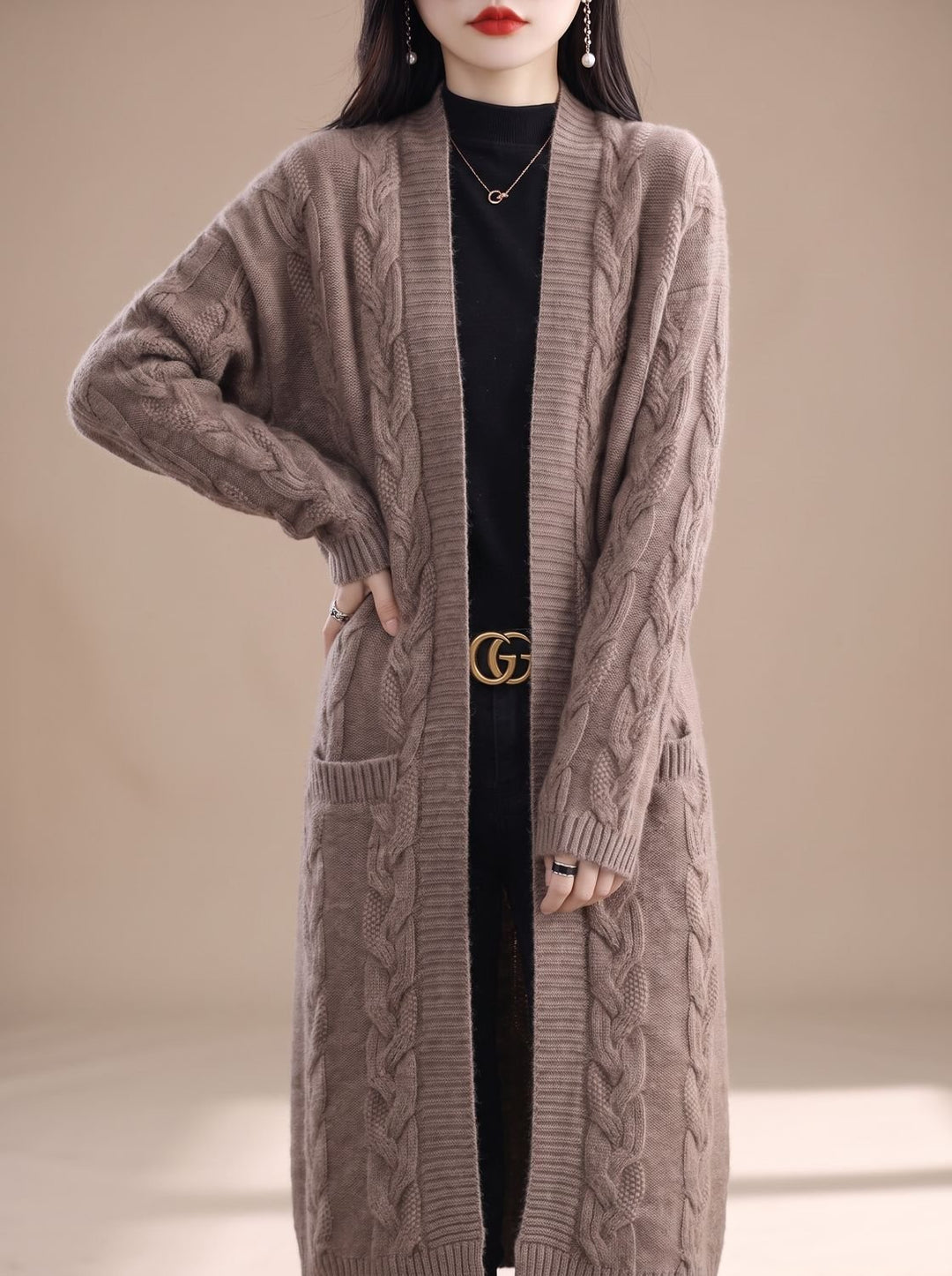 Damen Oversize Gestreifter Langer Strickjacken-Cardigan mit offener Front