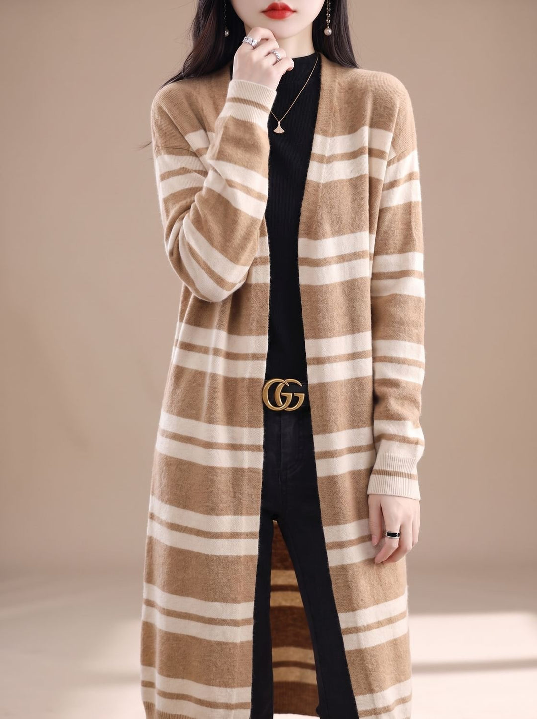 Damen Oversize Gestreifter Langer Strickjacken-Cardigan mit offener Front