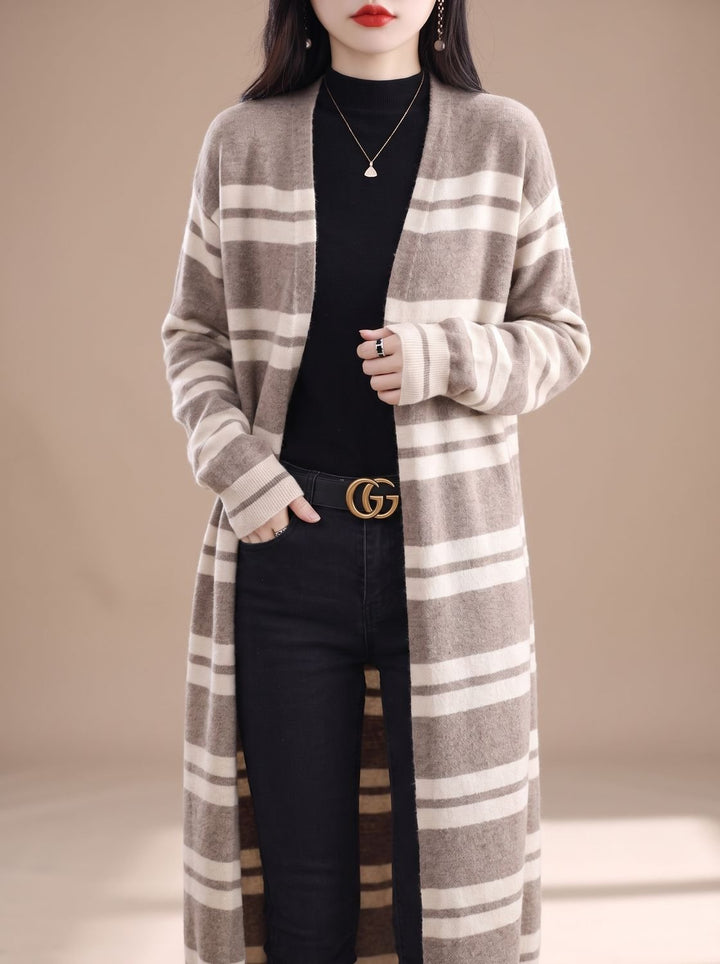 Damen Oversize Gestreifter Langer Strickjacken-Cardigan mit offener Front