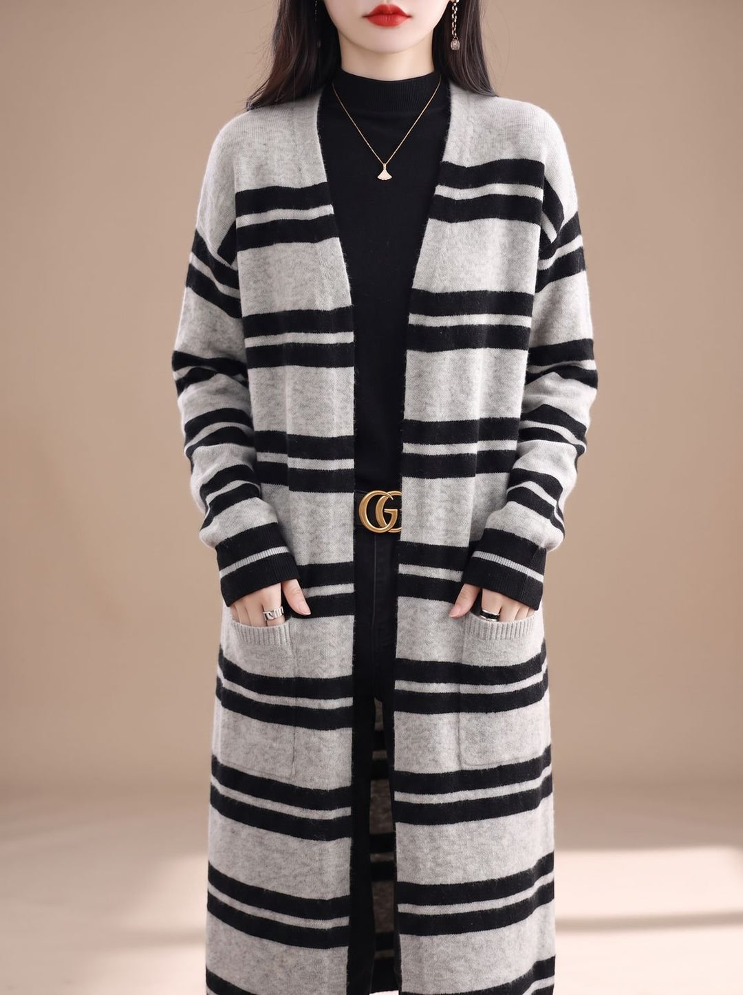 Damen Oversize Gestreifter Langer Strickjacken-Cardigan mit offener Front