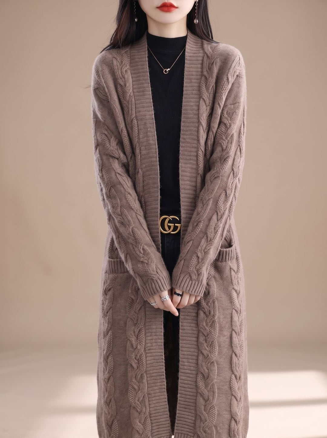 Damen Oversize Gestreifter Langer Strickjacken-Cardigan mit offener Front