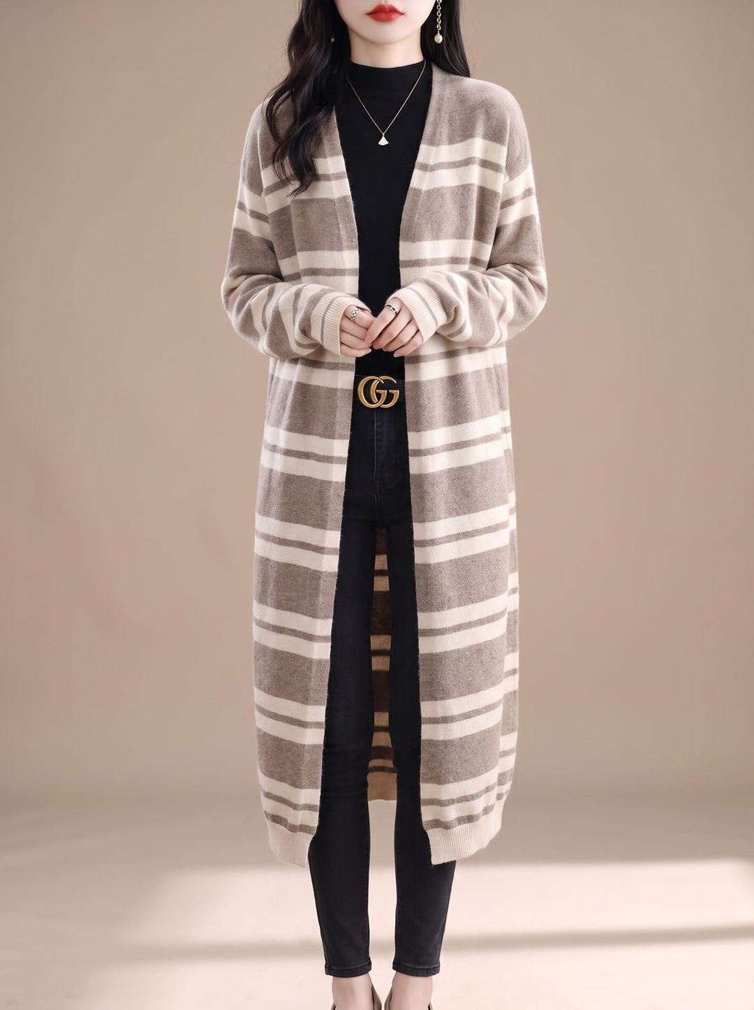 Damen Oversize Gestreifter Langer Strickjacken-Cardigan mit offener Front