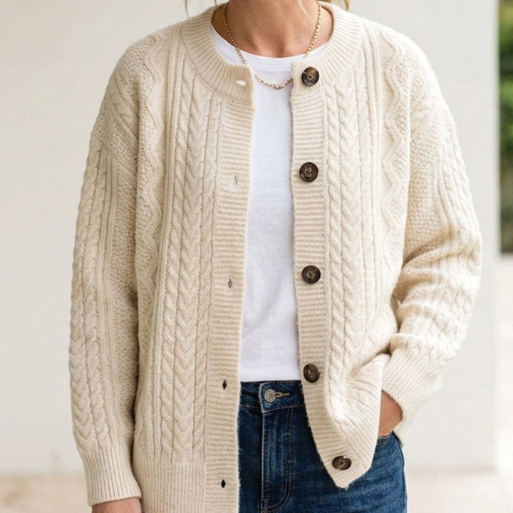 Damen Oversize Grobstrick-Strickjacke mit Knopfleiste - Beige