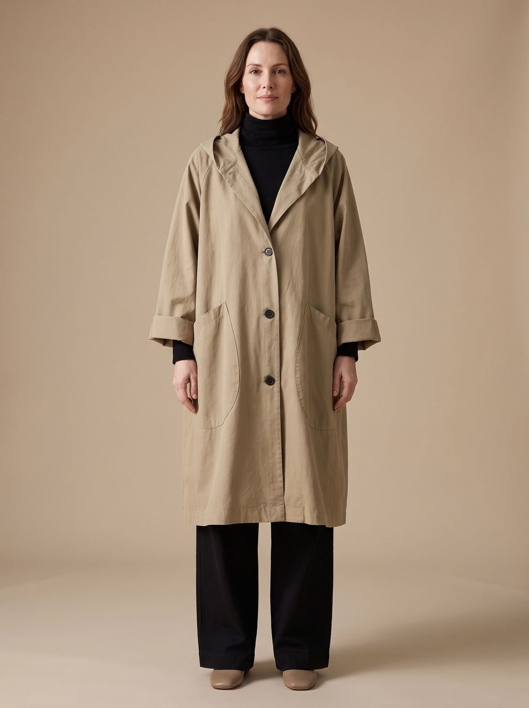 Damen Oversize Kapuzenmantel Longline mit Knopfleiste und Pattentaschen - Khaki