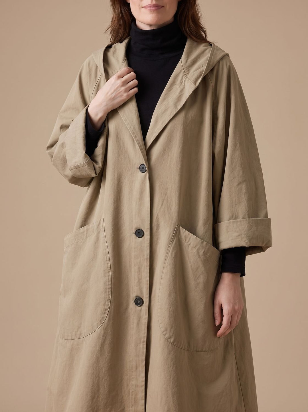Damen Oversize Kapuzenmantel Longline mit Knopfleiste und Pattentaschen