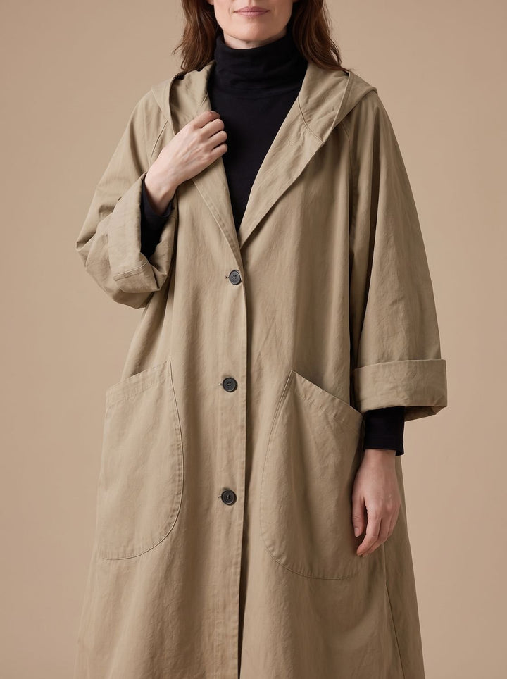 Damen Oversize Kapuzenmantel Longline mit Knopfleiste und Pattentaschen
