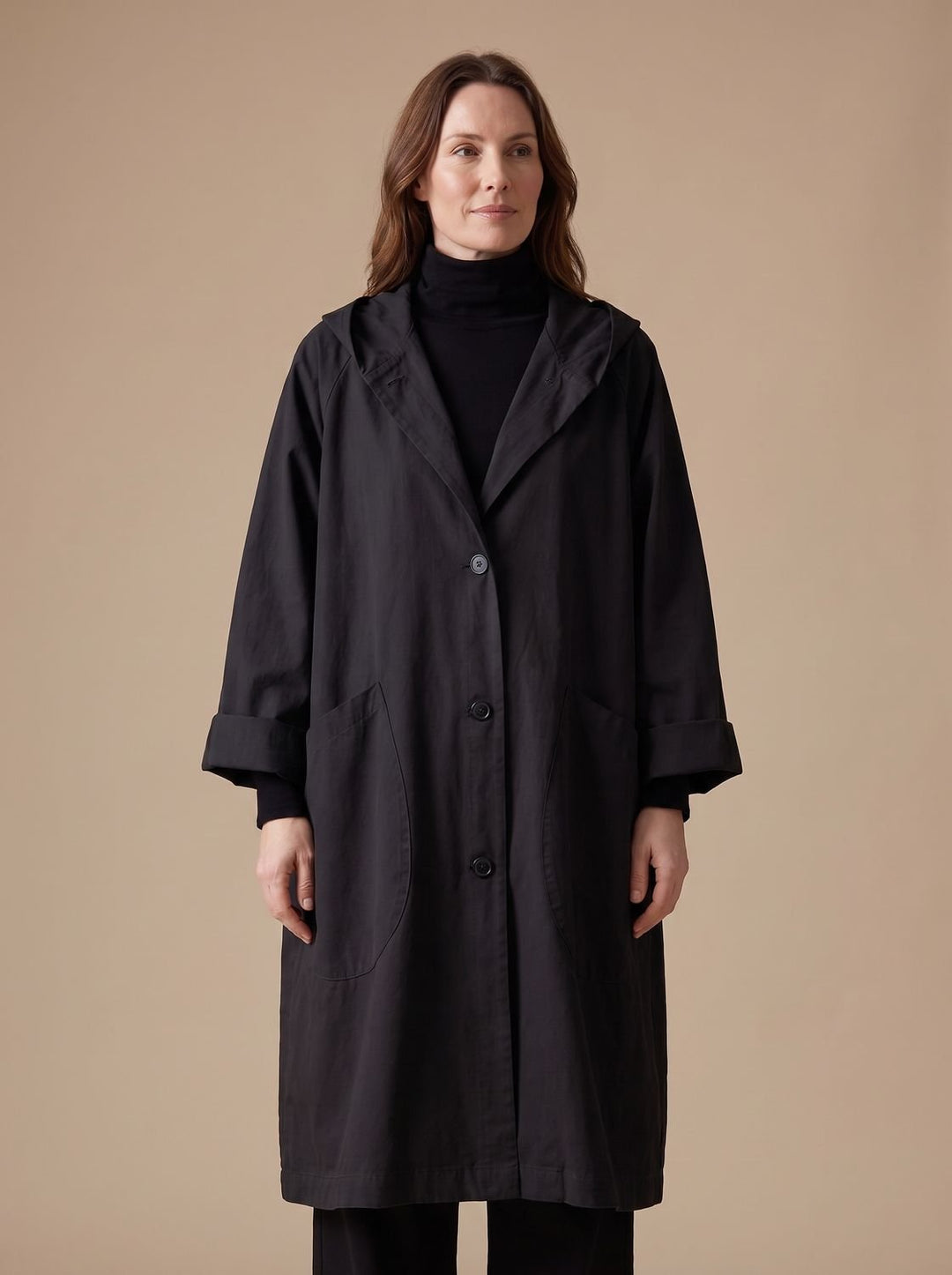 Damen Oversize Kapuzenmantel Longline mit Knopfleiste und Pattentaschen - Schwarz
