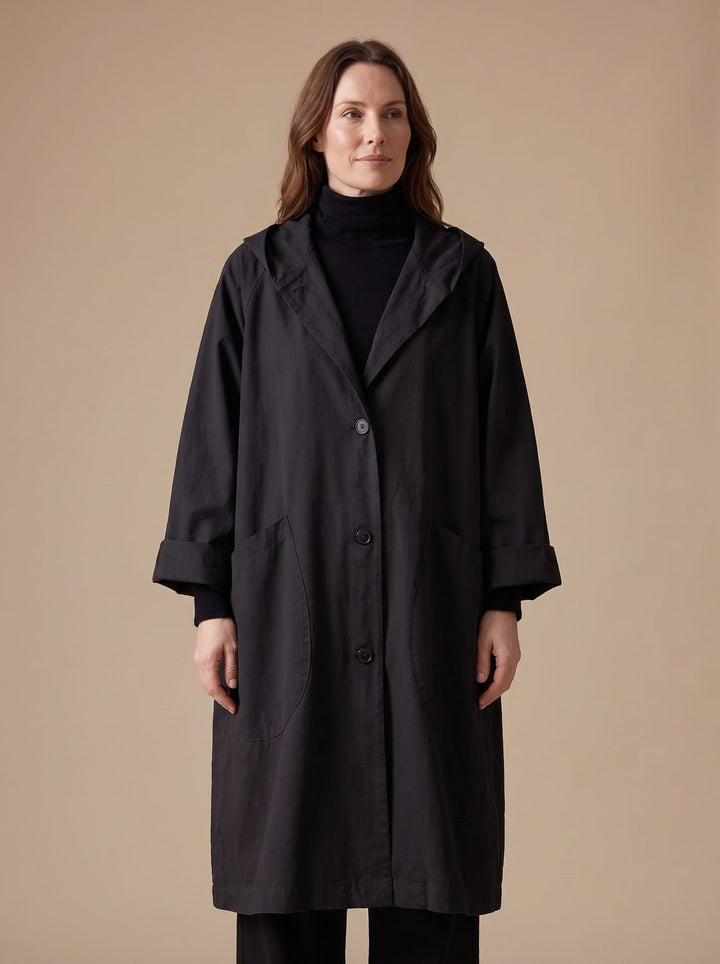 Damen Oversize Kapuzenmantel Longline mit Knopfleiste und Pattentaschen - Schwarz