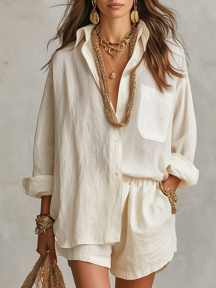 Damen Oversize Leinen Hemdbluse Shorts Set Zweiteiliges Outfit - Off-White