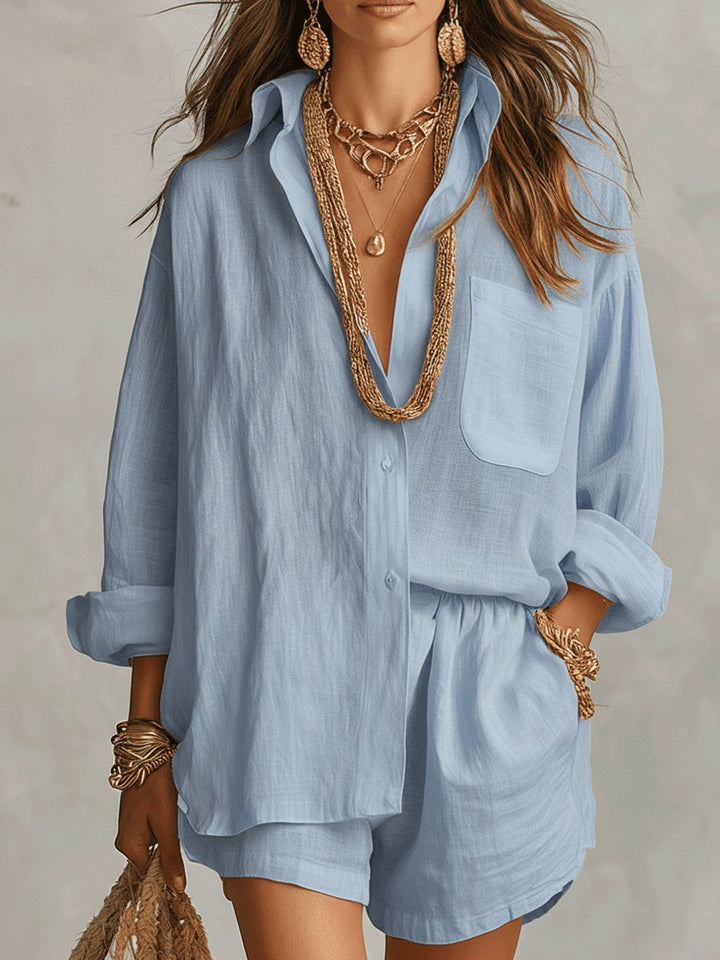 Damen Oversize Leinen Hemdbluse Shorts Set Zweiteiliges Outfit - Blue