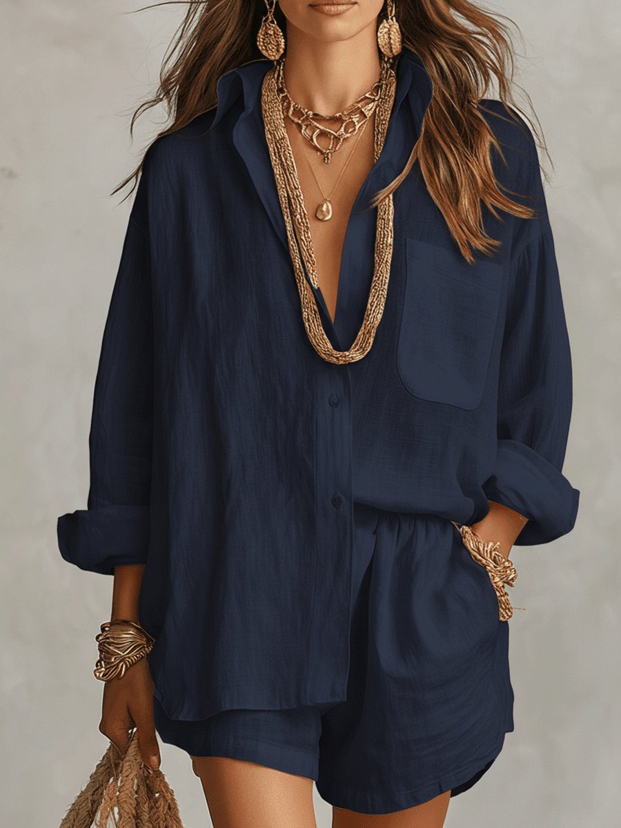 Damen Oversize Leinen Hemdbluse Shorts Set Zweiteiliges Outfit - Dark Blue