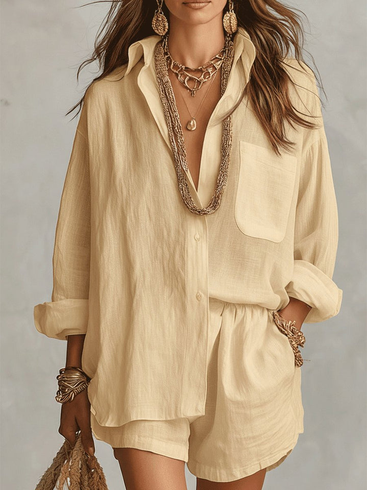 Damen Oversize Leinen Hemdbluse Shorts Set Zweiteiliges Outfit - Yellow