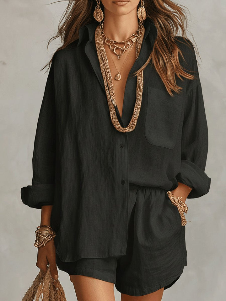 Damen Oversize Leinen Hemdbluse Shorts Set Zweiteiliges Outfit - Black
