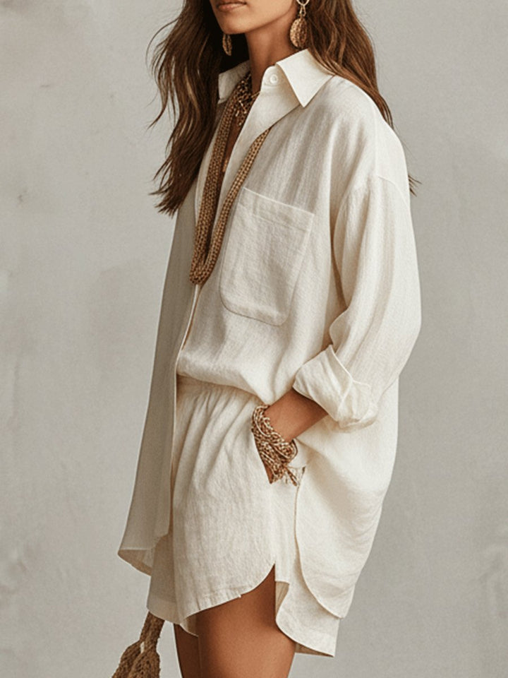 Damen Oversize Leinen Hemdbluse Shorts Set Zweiteiliges Outfit