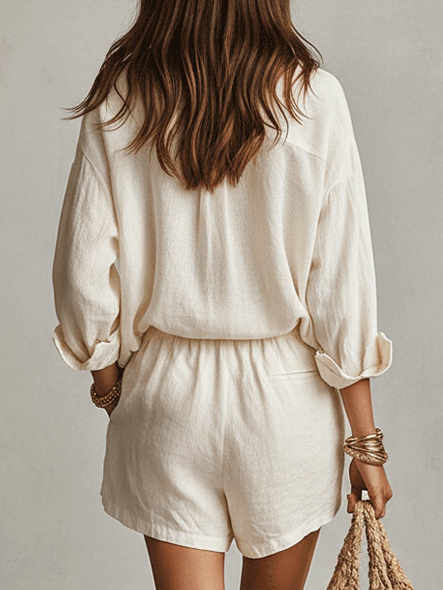 Damen Oversize Leinen Hemdbluse Shorts Set Zweiteiliges Outfit