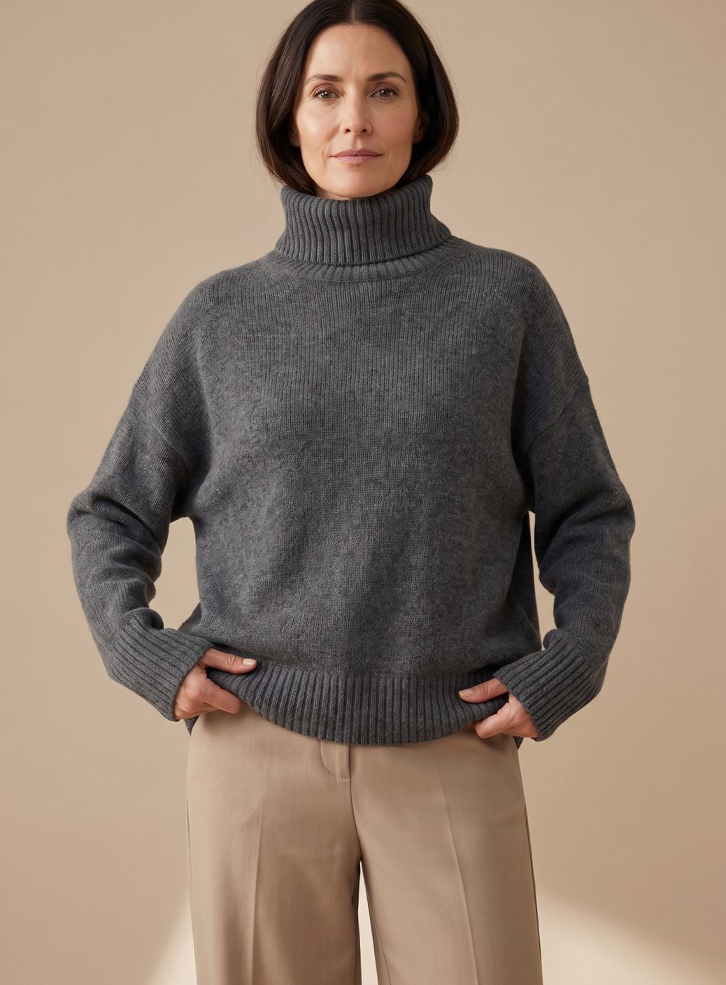 Damen Oversize Rollkragen Strick Lounge Set Weitbein - Grau