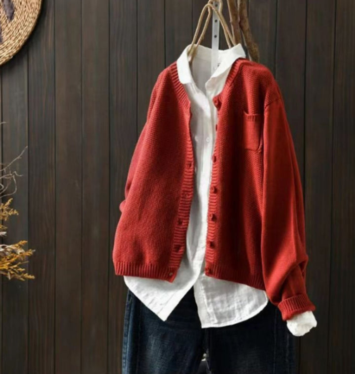Damen Oversize Strick-Cardigan mit Knopfleiste und Taschen - Rot