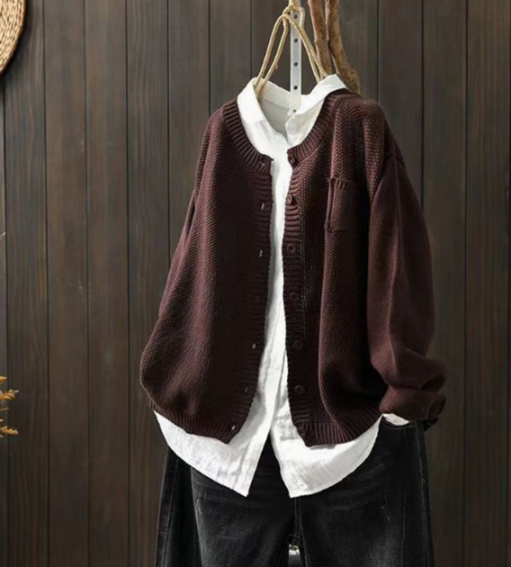 Damen Oversize Strick-Cardigan mit Knopfleiste und Taschen - Dunkelbraun