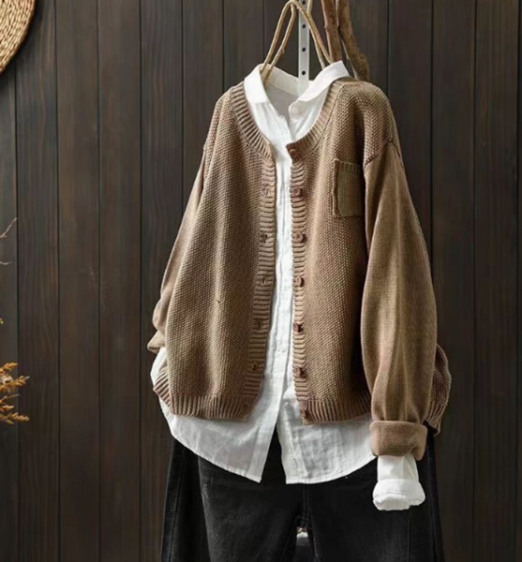 Damen Oversize Strick-Cardigan mit Knopfleiste und Taschen - Khaki
