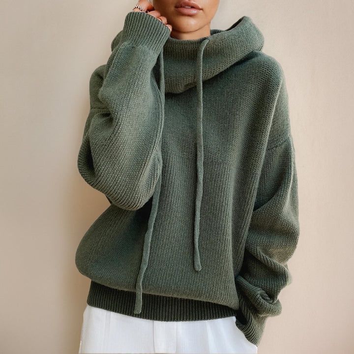 Damen Oversize Strick-Turtleneck Sweater mit Kapuze und Kordelzug - Grün