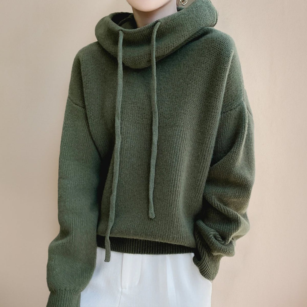Damen Oversize Strick-Turtleneck Sweater mit Kapuze und Kordelzug