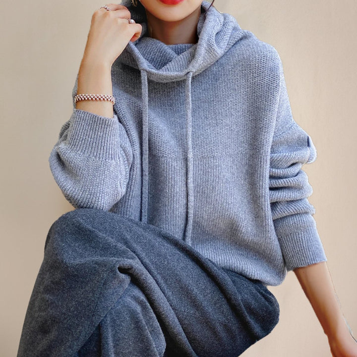 Damen Oversize Strick-Turtleneck Sweater mit Kapuze und Kordelzug
