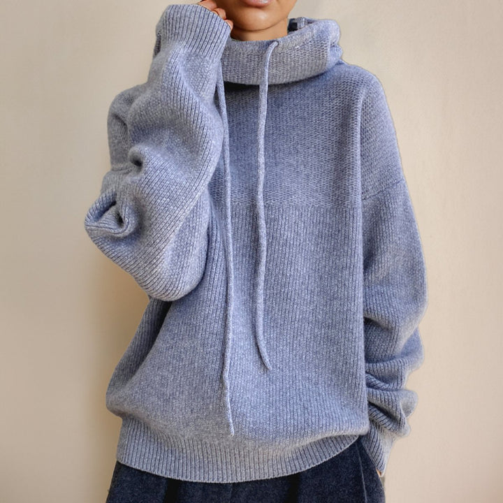 Damen Oversize Strick-Turtleneck Sweater mit Kapuze und Kordelzug - Grau