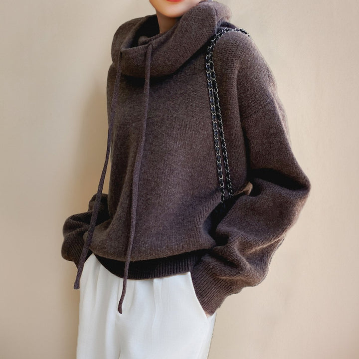 Damen Oversize Strick-Turtleneck Sweater mit Kapuze und Kordelzug